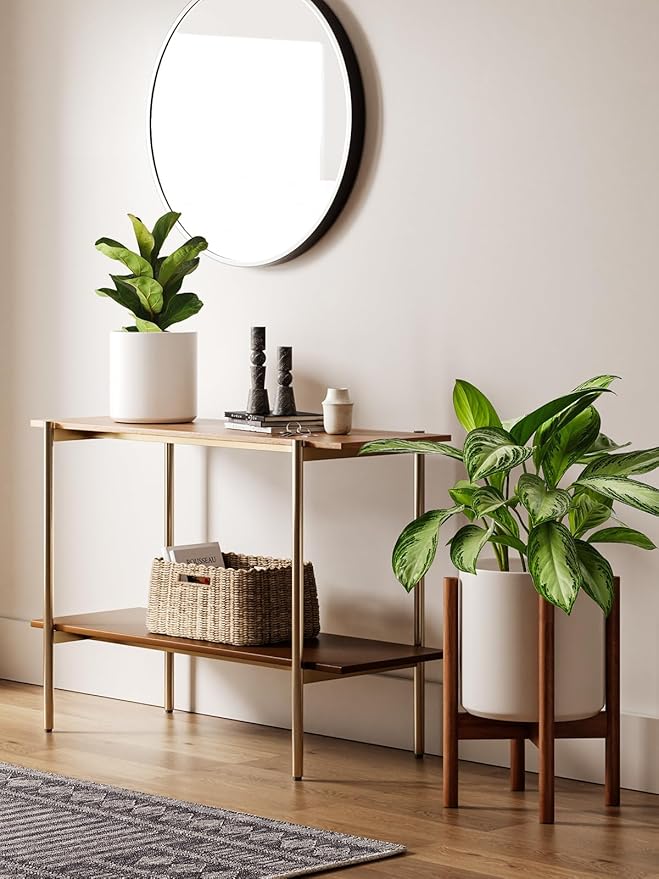 LE TAUCI 10 Inch Planter with Acacia Wood Stand, Ceramic Planter for Indoor Plants with Adjustable Plant Holder, Mid-Century Modern Home Decor, Round Flower Pots with Drainage Hole, White