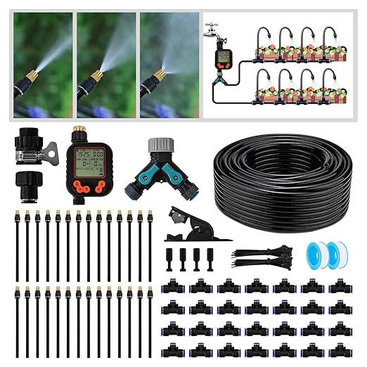 Garden Drip Irrigation Kit, 100ft Black Hose, 360° Adjustable Universal Nozzle, Patio Mist Plant Watering Sprinkler, Comes with Faucet Separator, Sprinkler Hose Adapter (Closeable nozzle-28)
