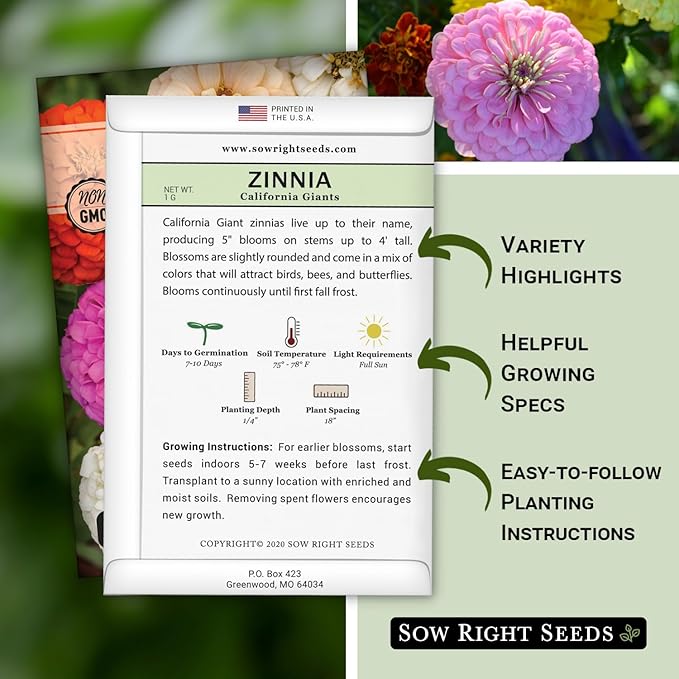 Sow Right Seeds - California Giants Mix Zinnia Seeds for Planting - Non-GMO Heirloom Packet to Grow Your Flower Garden - Attract Bees and Butterflies - Great to Cut and Come Again - Summer Annual (1)