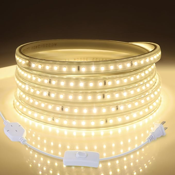 AIMENGTE Led Strip Lights for Room - Outdoor Waterproof Led Strip for Bedroom Kitchen Garden Outside Eaves House Party, AC 110V, 360LEDs, 3000k LED Rope Lighting (9.9ft, Warm White)