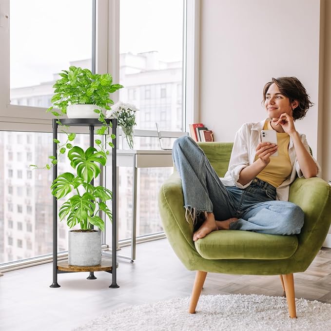 iDavosic.ly 2 Tier Corner Plant Stand Indoor, 30 Inch Tall Vertical Metal Flower Heavy Duty Pot Holder Shelf Outdoor for Patio Porch Living Room, Modern Black & Rustic Brown - Round