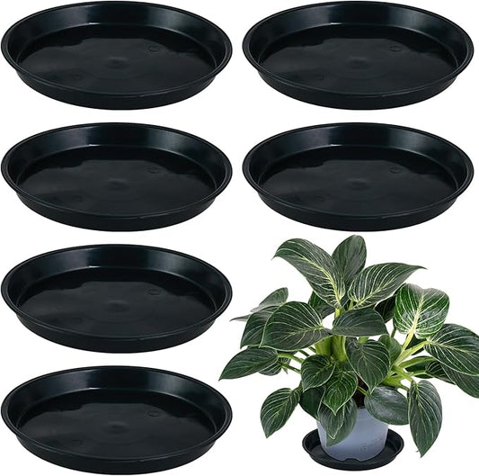 6 Pack Bottom 12 Inch Plant Saucers for Indoors Outdoors Plastic Plant Water Catcher Trays No Holes Round Flower Pot Drip Trays for Pots Base Heavy Duty Plant Pot Saucers Water Drainage Trays, Black