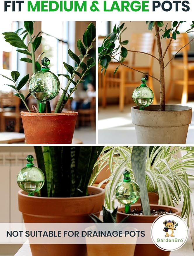 16 Oz Plant Watering Globes For Indoor Plants With Metal Self Watering Planter Insert - Premium XL Glass Hand-blown Globes - Automatic Indoor Planter Waterer, Gift Idea For Gardeners [1, Green]