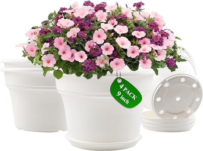 9 Inch Plastic-Flower Pot-for-Indoor Plants, 4 Pack Large Outdoor Planter Pot with Drainage Holes & Saucers, Resin Decorative Garden Pots Planters