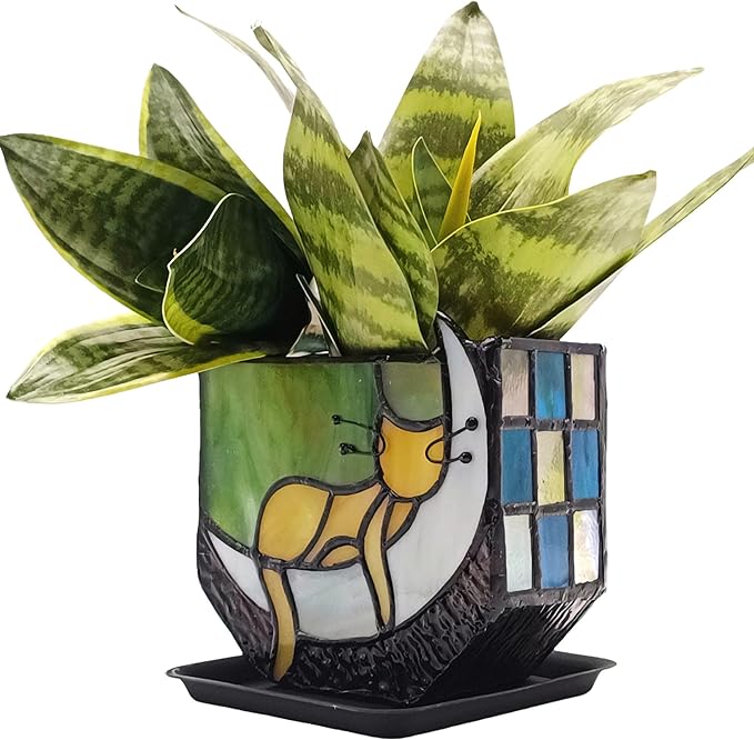 Tiffany Stained Glass Fun Moon Sleeping Cat Planter，Orange Sleeping Cat Cactus Planter，Cute Planters for Indoor Plants,Decorative Flower Pots As Gifts for Cat Lovers，4.6x3x5.15 in