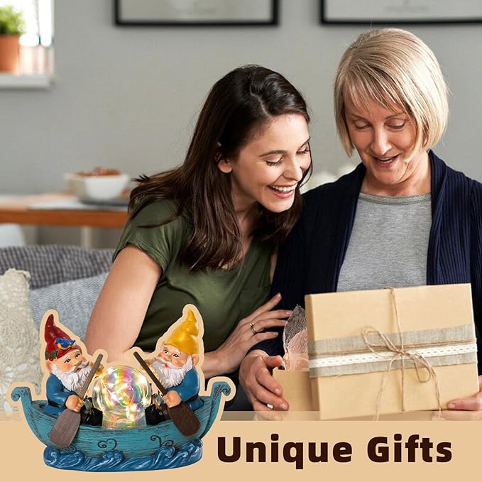 Solar Gnome Boating Garden Statues with Ball Light 4.6" Resin Gnomes Figurines Decorations for Yard Patio Lawm Porch Balcony Funny Housewarming Birthday Gardening Gifts for Women Moms