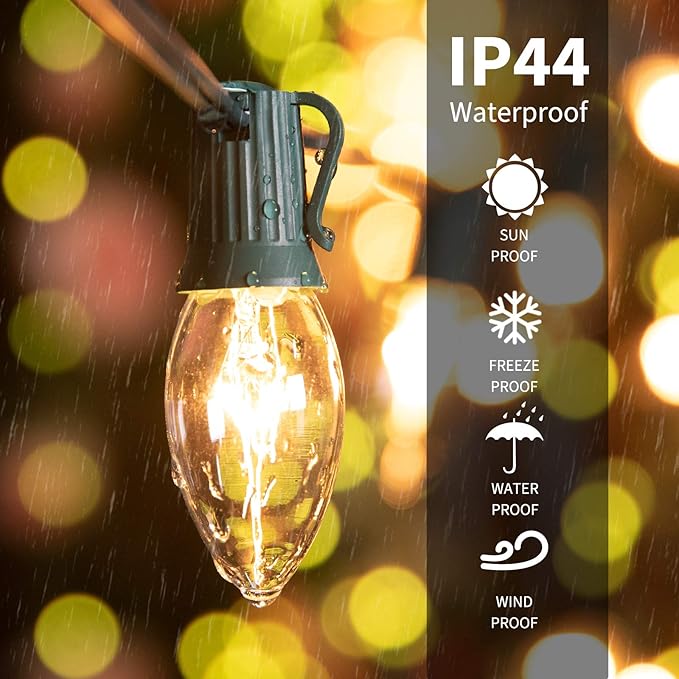 C9 Clear Christmas String Light Set, 100 Feet Vintage Christmas Tree Lights, Outdoor Roofline String Lights with 100 Clear Bulbs for Patio Garden Holiday Indoor Home Decorating, Not Connectable