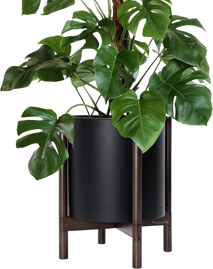 D'vine Dev Planter Pot with Stand - 14 Inch Plastic Cylinder Flower Pot with Wood Planter Holder for Indoor, Matte Black Pot + Walnut Color Stand, 55-C-R-2