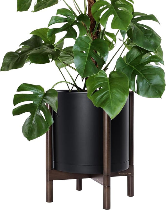D'vine Dev Planter Pot with Stand - 14 Inch Plastic Cylinder Flower Pot with Wood Planter Holder for Indoor, Matte Black Pot + Walnut Color Stand, 55-C-R-2