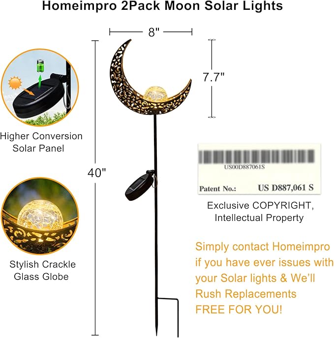 HOMEIMPRO 2Pack Moon Garden Solar Lights Outdoor Stakes Waterproof, Gifts for Mom, Crackle Glass Patio, Backyard Decorations, Balcony Lawn Ornaments, for Women Men Grandma (Bronze)