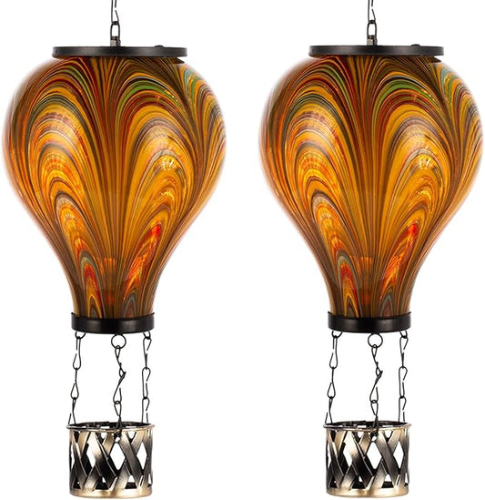 2PCS Solar Hot Air Balloon Lantern with Flame Flickering Light Tie-Dye Glass Hot Air Balloon Solar Lanterns Outdoor Waterproof Hanging Garden Light for Patio Porch Yard Decor,Gift for Women