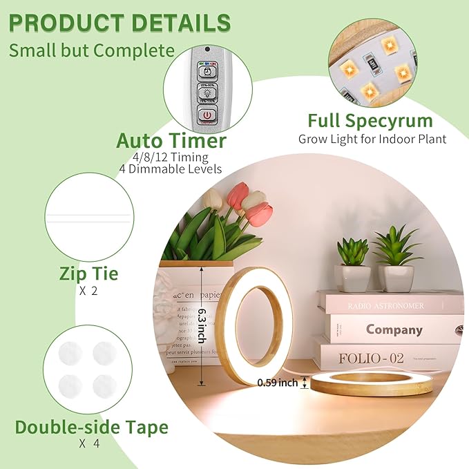 LORDEM 6.3" Bamboo Ceiling Grow Light for Indoor Plants, 144 LEDs Full Spectrum Grow Lamp, Under Cabinet Plant Light with 4/8/12H Auto Timer, 3 Switch Modes, 4 Dimmable Brightness Levels, Dual Head