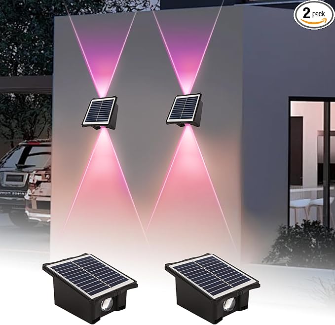 Solar Powered Outdoor LED Lights, Waterproof Wall Sconces, 2 LEDs Fence Lights, Up & Down Lighting for Backyard, Deck, Patio, Porch, Balcony, Garden (2 Pack)