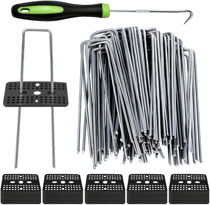 Bakulyor 100 Pcs Landscape Staples + 100 Pcs Gasket, 6 Inch Garden Stakes Staples 11 Gauge U Shaped Galvanized Lawn Landscape Pins, Heavy Duty Yard Ground Pin for Weed Barrier Sod Fabric Decorations