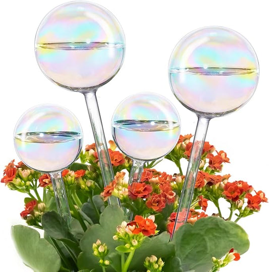 Tomorotec Iridescent Glass Self Watering Globes 4-Pack (2 Large+2 Small), Decorative Hand-Blown Rainbow Glass Watering Bulbs, Automatic Irrigation for Indoor & Outdoor Plants, Easy to Use and Maintain