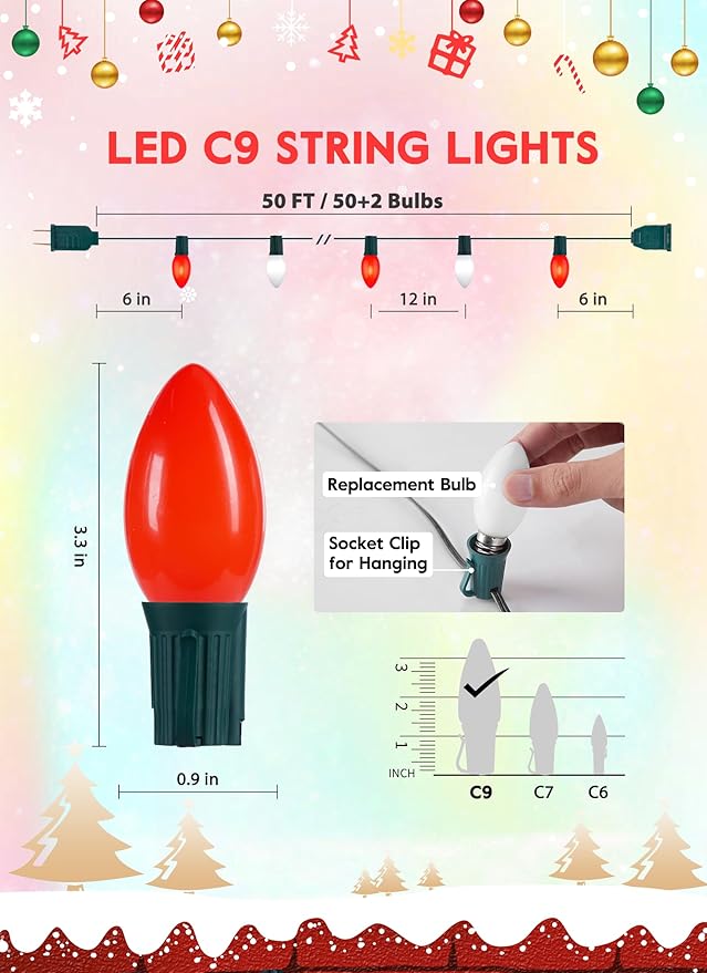 C9 LED Christmas Lights Outdoor, 50 Feet String with 50 Shatterproof Matte Bulbs, Connectable Waterproof Tree Lights for Holiday Roofline Backyard Garden Decor, Red & Pure White