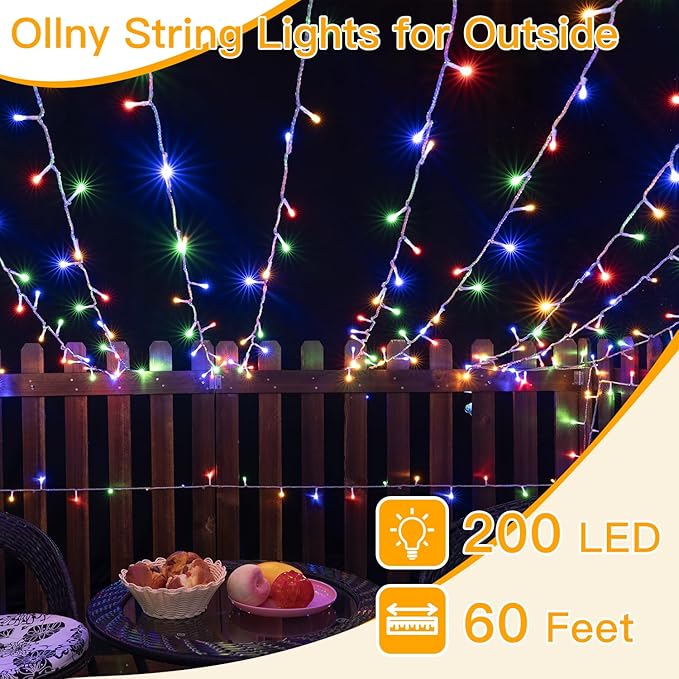 Ollny Christmas Lights Outdoor 200LED 60FT, Multicolor Connectable Plug in Fairy Light Indoor, 8 Modes Waterproof Timer Plug in LED String Lights for House Outside Bedroom Patio Balcony