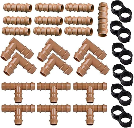 28P Drip Irrigation Fittings Kit (17mm) for 1/2" Tubing (.600" ID), 10 Couplings, 6 Tees, 6 Elbows and 6 Tubing End Closure - Barded Connectors for Drip or Sprinkler Systems(28 Pieces Set)