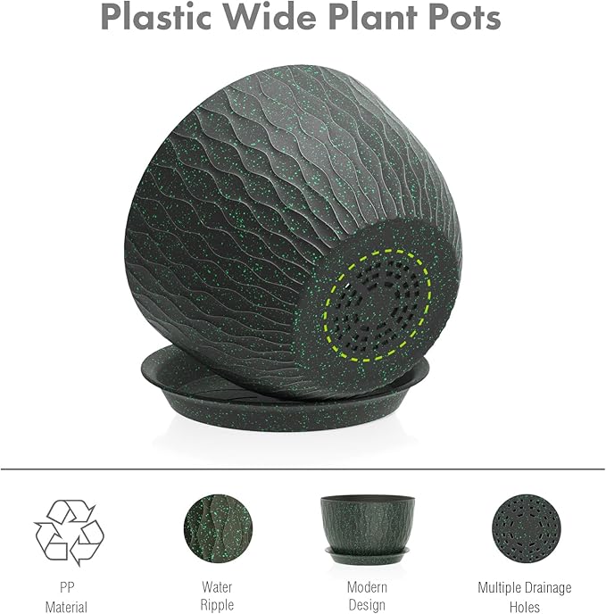 12/10/9 inch Large Plant Pots, 3 Pack Wide Flower Pots for Outdoor Indoor Plants with Ripples, Big Plastic Planters with Drainage Holes and Saucers for Garden Home, Black with Green Speckles