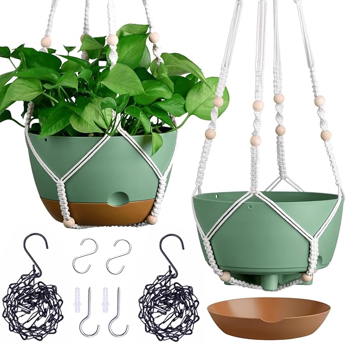 Set of 2-10 Inch Hanging Planters for Indoor Plants with Self-Watering Includes Hanging Pots for Plants, Outdoor Hanging Plant Pot with Drainage, and 2 Types of Hanging Baskets Hangers (Green, 10inch)