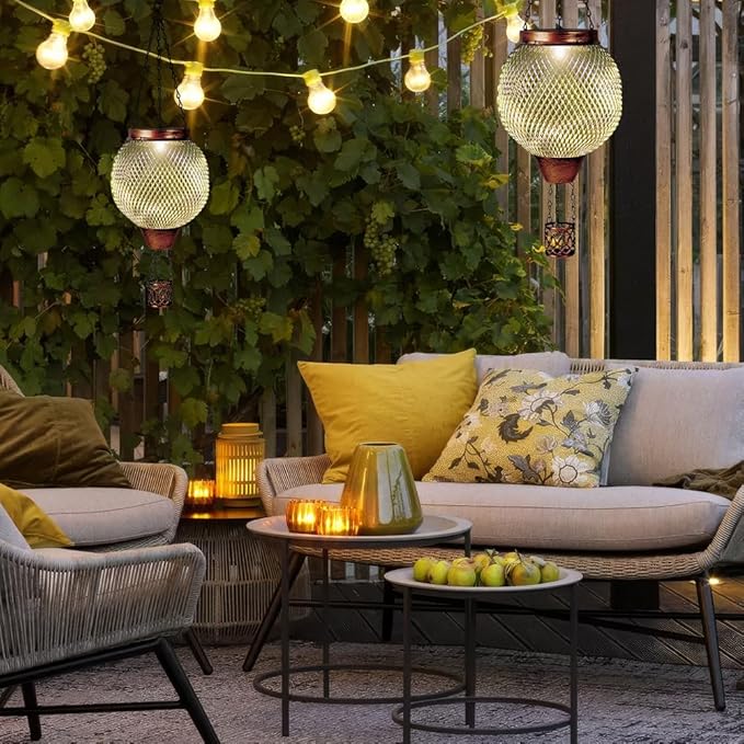 Starsoul 2 PC Cage Hot Air Balloon Solar Lantern with Flame Glass Outdoor Hanging Hot Air Balloon Solar Light Lamp Waterproof Garden Patio Yard Party Decorations