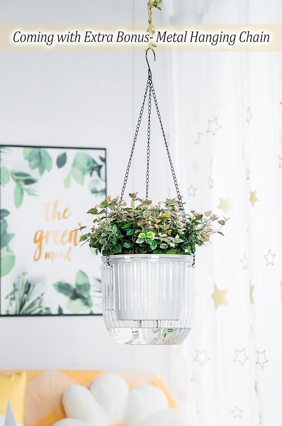 Melphoe Self Watering Hanging Planters for Indoor Plants, 1 Pack 8.3 Inch Outdoor Hanging Plant Pot Basket, 2 Kinds of Hangers Macrame 35.5’’ & Metal Chain 19.6’’ for Garden Home Decor