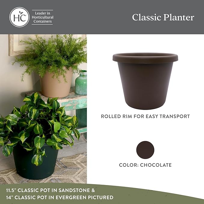 The HC Companies 7 inch Round Classic Planter - Plastic Plant Pot for Indoor Outdoor Plants Flowers Herbs, Chocolate (4 Pack)