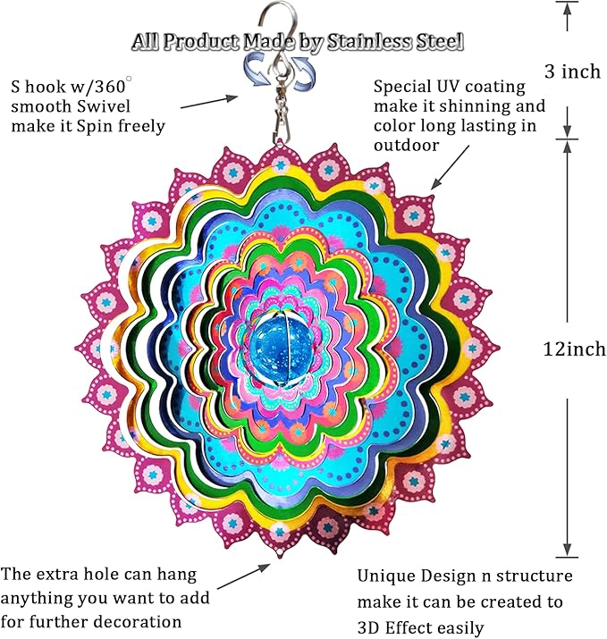 FONMY Mandala Wind Spinner w/Crystal Ball Peacock- 3D Stainless Steel Hanging Spinners Worth Gift Christmas Decoration Indoor/Outdoor Garden Décor Kinetic Yard Art 12 Inches Wind Sculpture