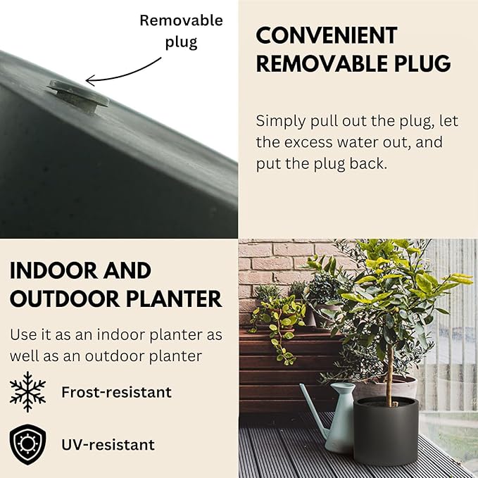 Fox & Fern 10 Inch Black Plant Pot with Drainage Plug — Premium Lightweight Fiberstone Matte Black Planter; 10 Inch Pots for Plants; for Indoor & Outdoor Use; Weather Resistant & UV Resistant