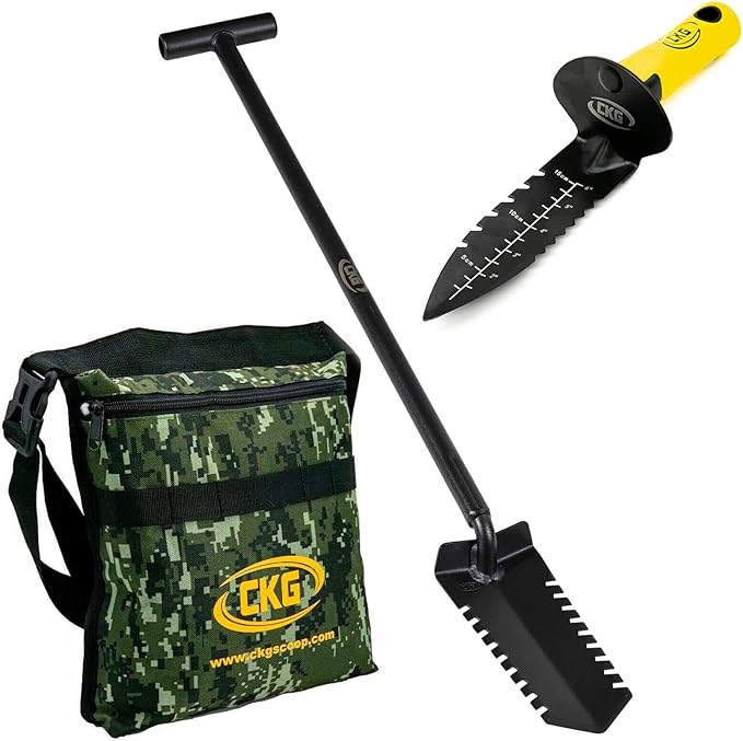 CKG Metal Detecting Shovel Tool, Heavy Duty Double Serrated Edge Digger - Digging Knife for Gardening Trowel Hunting Camping, Planting & Treasure Finds Pouch Bag, Set
