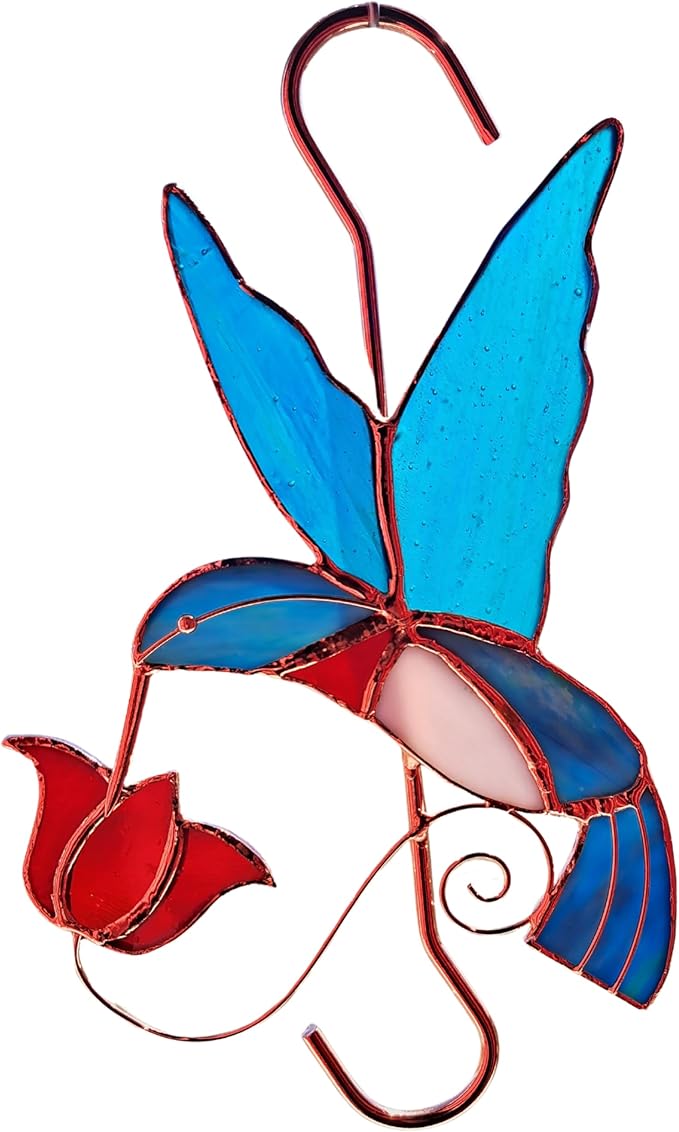 Stained Glass Window Plant Hanger - Hummingbird with Red Flower - Sun Catcher Plant Hook with Copper Hooks Top and Bottom for Indoor and Outdoor Use
