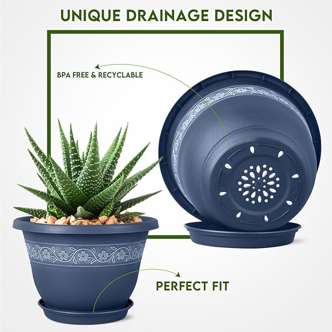 10 Inch Plant Pots with Drainage Hole - Lightweight Flower Pots for Herbs and Flowers - Home Decor Plastic Planters for Indoor Outdoor Plants- Pack of 4 (Blue, 10 inch)