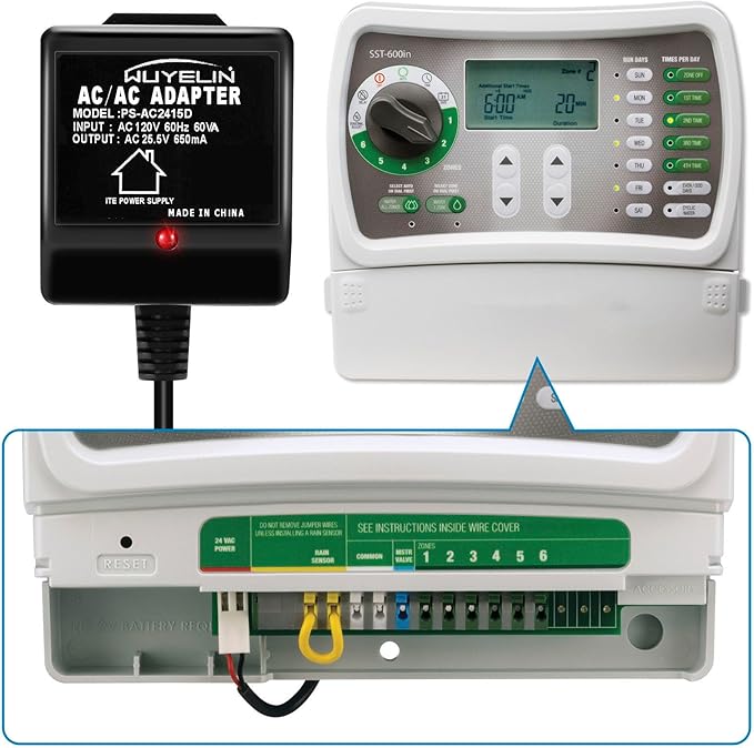 25.5V AC 650mA Sprinkler Timer Power Adapter，Replacement Transformer Compatible Rain Bird UT1 SST Series, Indoor Irrigation Timers，24V Sprinkler System Power Supply Transformer