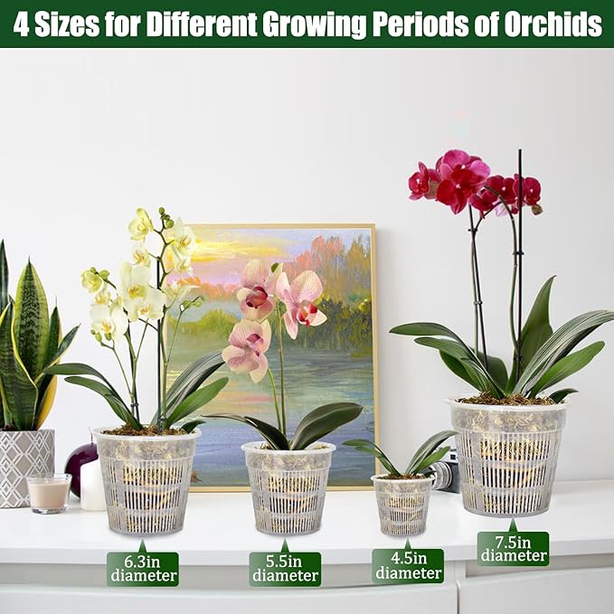 12Pcs Orchid Pot, 3 Each of 4.5, 5.5, 6.3 and 7.5 Inch Orchid Pots with Holes, Clear Orchid Pots for Repotting, Plastic Flower Plant Pot Indoor Outdoor Use(3 Each of 4.5,5.5, 6.3,7.5in)