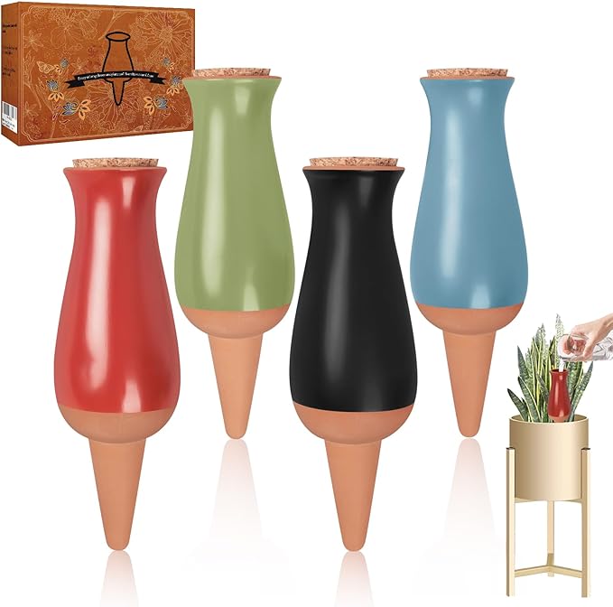 4 Pcs Plant Watering Globes, Self Watering Planter Insert, Clay Drip Irrigation Stake with Large Watering System, Plant Watering Device for 1 Week Easy to Refill, Self Watering Pots for Indoor Plants