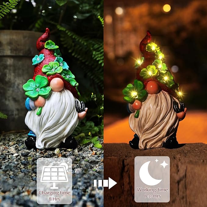 Garden Gnome Statue with Solar Lights Large Sculptures Funny Triple Gnome Outdoor Patio Lawn Yard Garden Decor Gifts for Women Mom 11in Spring Gnomes Outdoor