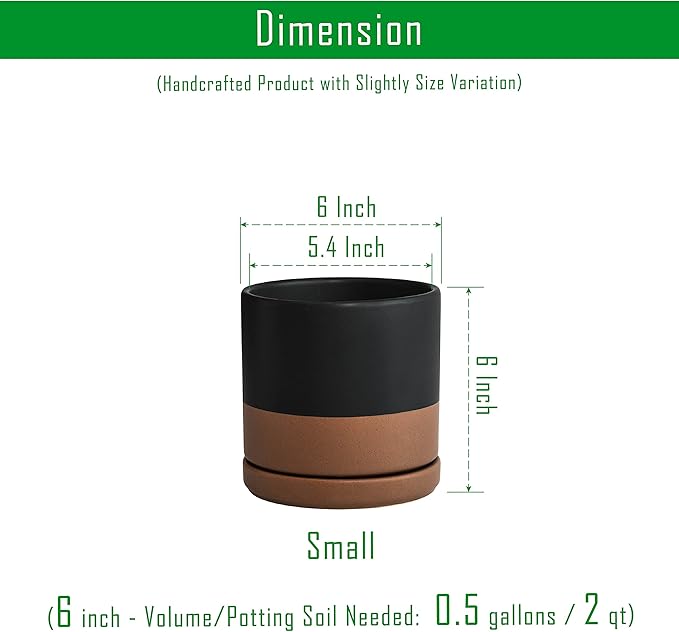 D'vine Dev Set of 2 Plants Pots, 6 Inch Ceramic Planter Pot for Plants with Drainage Hole and Saucer, Black/Speckled Tan, 94-V-C-7
