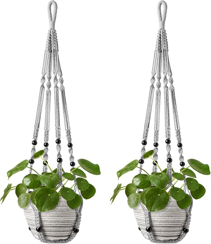 Mkono Macrame Plant Hanger Indoor Hanging Planter Basket with Wood Beads Decorative Flower Pot Holder No Tassels for Indoor Outdoor Boho Home Decor 35 Inch, Grey, Set of 2 (POTS NOT Included)