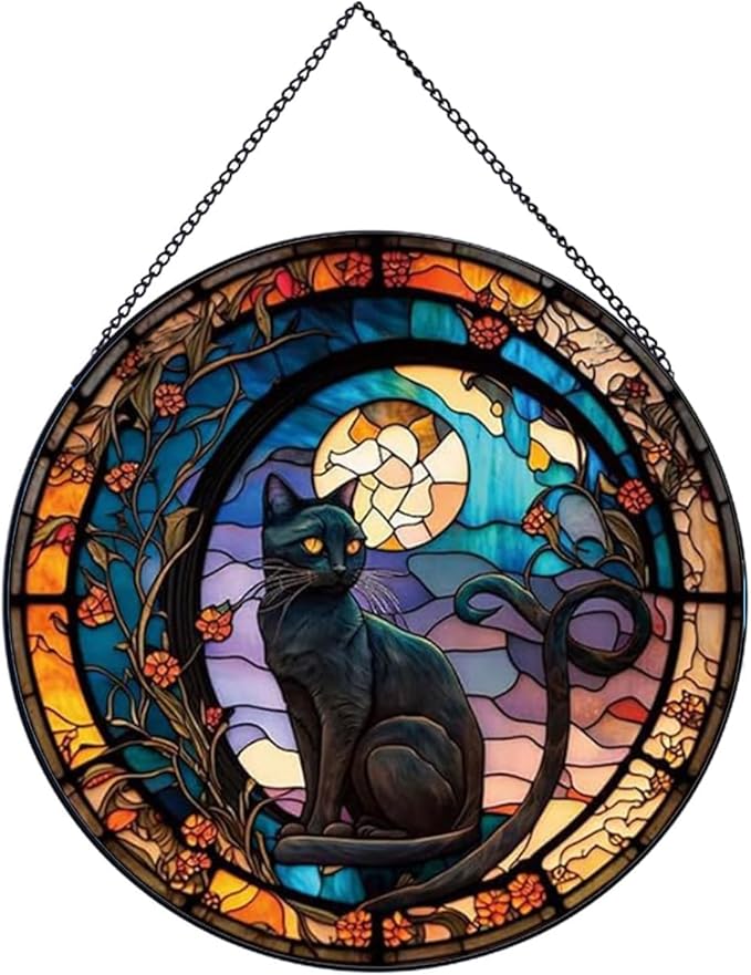 Black Cat Stained Glass Window Hangings,Suncatcher Stained Glass for Windows for Cat Lovers,20cm/7.87inch Hand-Painted Sun Catcher Garden Hangings Halloween Fall Christmas Decor for Home