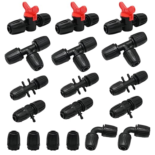 18Pcs Drip Irrigation Fittings Kit, 2 Elbows, 4 End Caps, 3 Tees, 3 Switch Valves, 3 T Connectors, 3pcs 1/2" to 1/4" Reducers, Barbed Locked Nuts Connectors for Watering System