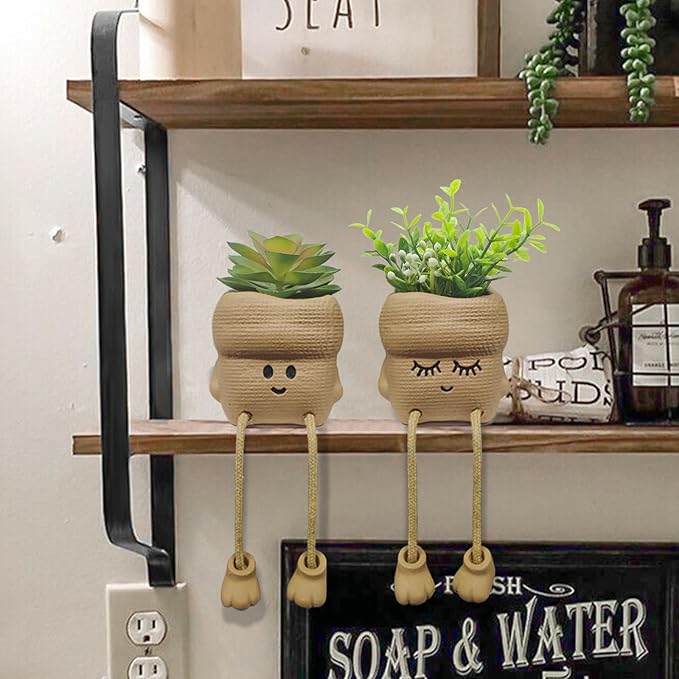 2Pcs Smiley Face Succulent Artificial Plants Planters - Cute Plant Pot Home Decor, Small Faux Plants Planter Indoor for Bathroom/Office/Kitchen Window Sill Decor, Fake Plant Ideas Gifts for Women