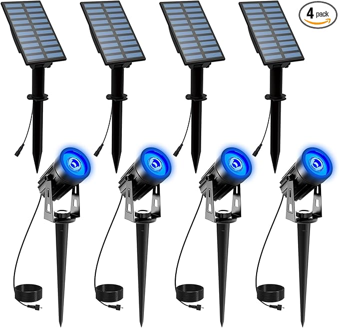 T-SUNUS 4 Pack Solar Landscape Spotlights - Blue, Waterproof IP65, 9.8ft Cable, 2000mAh Solar Panel, Auto On/Off for Garden, Driveway, Pathway, Pool Area