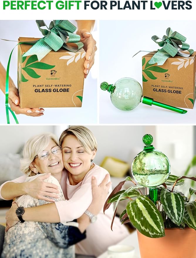 16 Oz Plant Watering Globes For Indoor Plants With Metal Self Watering Planter Insert - Premium XL Glass Hand-blown Globes - Automatic Indoor Planter Waterer, Gift Idea For Gardeners [1, Green]