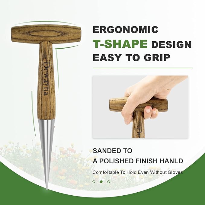 Dibber Garden Tool, Stamped Stainless Steel Tip Seed Dibber, Smooth Splinter-Free T-Shape Wood Handle Dibbler with Comfortable Grip, 11-Inch Dibber for Planting Seed and transplanting seedling