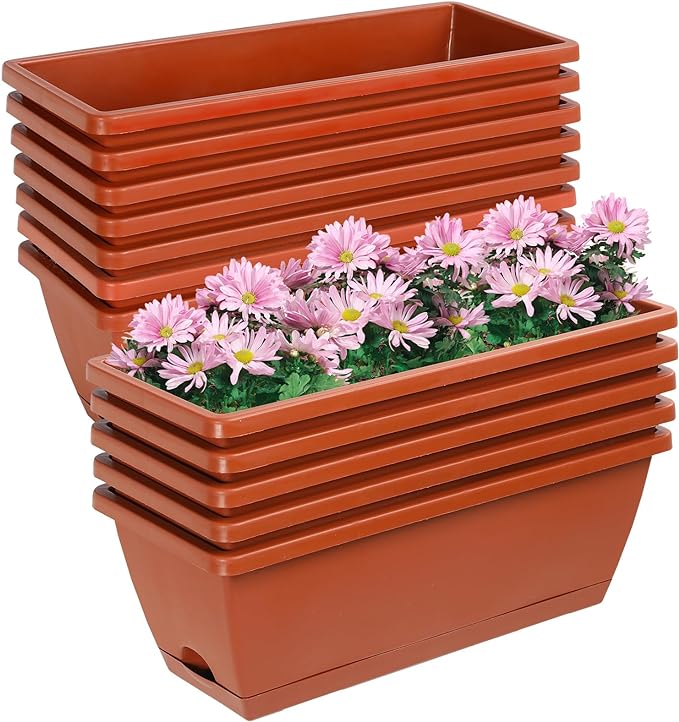 12Pcs 17Inches Rectangle Planter Box with Drainage Holes and Trays Plastic Planters Flower Boxes Pots for Indoor Outdoor Plants Patio Garden Home Decor Porch Yard (Red)