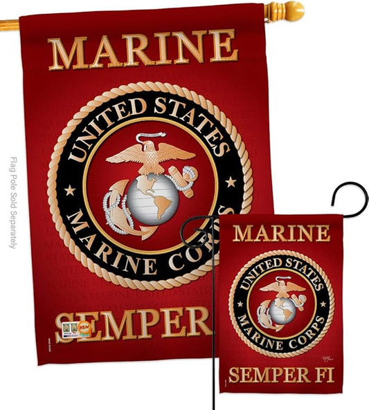 Marine Corps Garden House Flag - Set Armed Forces USMC Semper Fi United State American Military Veteran Retire Official - Decoration Banner Small Yard Gift Double-Sided Made In USA 28 X 40