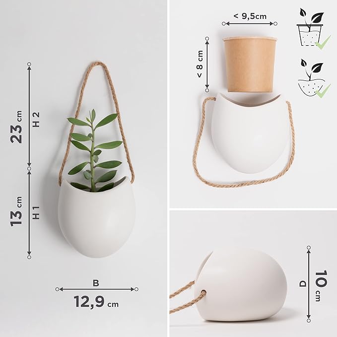 Wall Planters -Ellie- | Hanging Ceramic Plant Pots 3 Pieces | Wall Decoration for Indoors, Balcony and Garden | White (Matte)