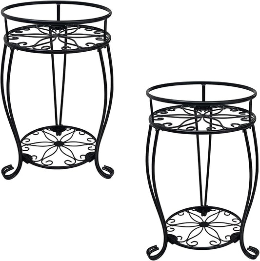 CASIMR 2-Pack Plant Stand, 2 Tier 19.2 inch Tall Metal Potted Holder Rack,Indoor Outdoor Multiple Flower Pot Shelf Rustproof Iron Garden Container for Garden Patio Living Room Corner Balcony, Black