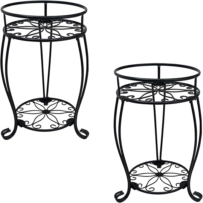 CASIMR 2-Pack Plant Stand, 2 Tier 19.2 inch Tall Metal Potted Holder Rack,Indoor Outdoor Multiple Flower Pot Shelf Rustproof Iron Garden Container for Garden Patio Living Room Corner Balcony, Black