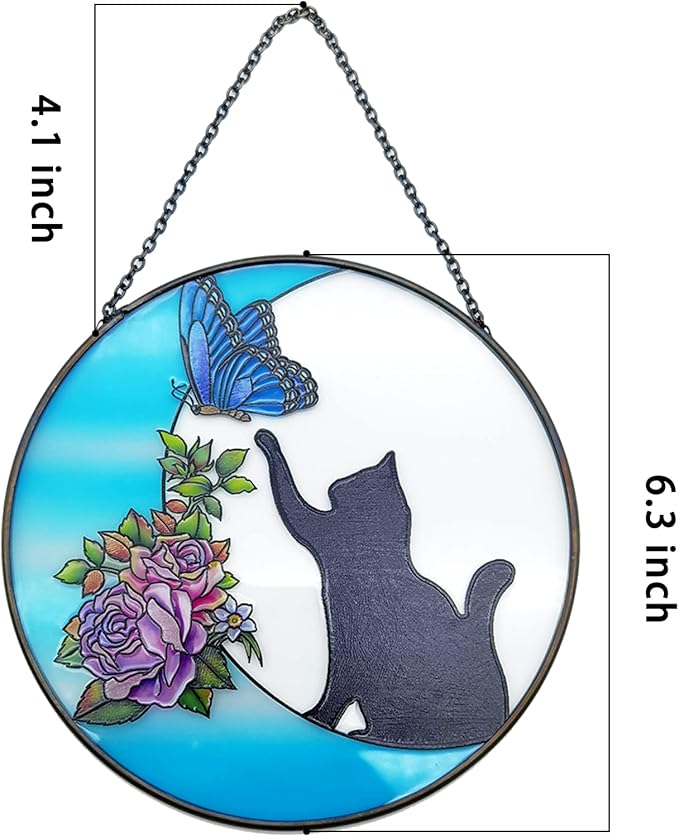 Cat Stained Glass Butterfly on Moon Gifts, Handcrafted Suncatchers Black Cat for Stained Glass Window Hangings, Cat Gifts for Cat Lovers, Painted Glass Panel Decor Funny Cat Themed Gift